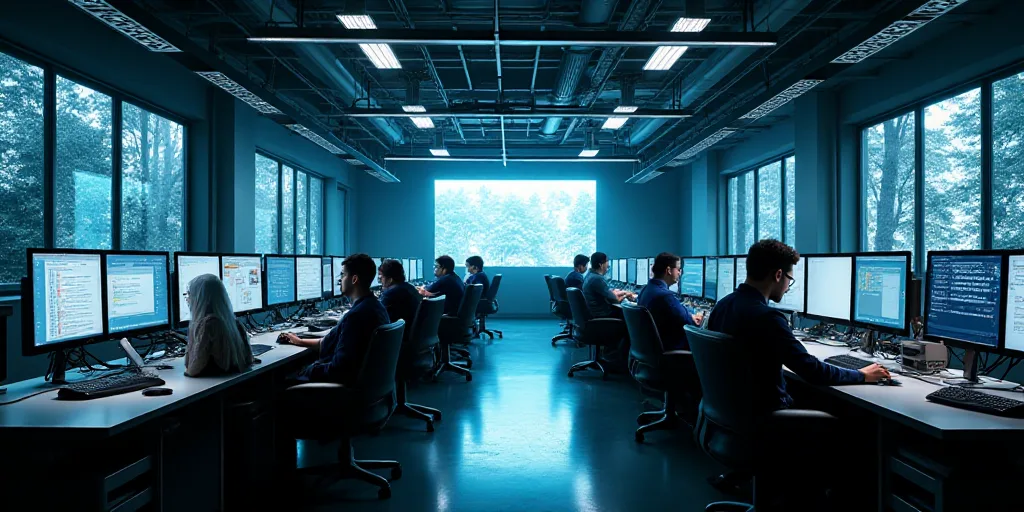 a large office with a lot of monitors and desks in it's center area, with people working on computer
