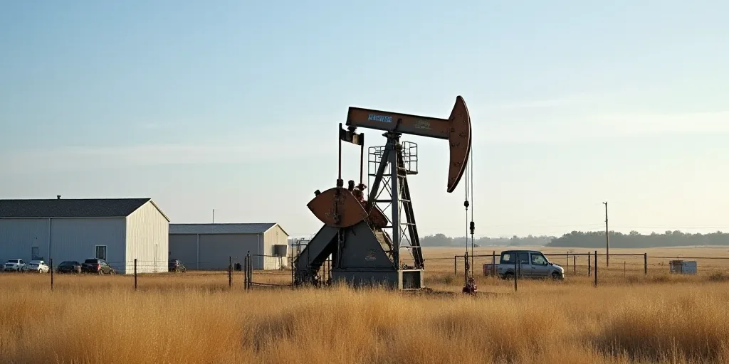 a large oil pump sitting in a field next to a building and a fenced in area with a few cars, Andries