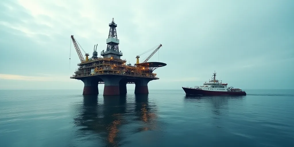 a large oil rig sitting on top of a large body of water next to a boat in the ocean, Bascove, oil, a