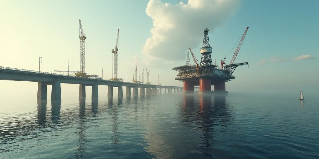 a large oil rig sitting on top of a large body of water next to a bridge over water with lots of cra