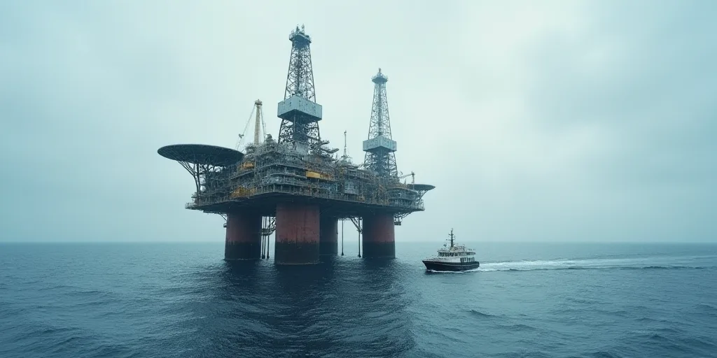 a large oil rig sitting on top of a large body of water next to a boat in the ocean, Andreas Gursky,