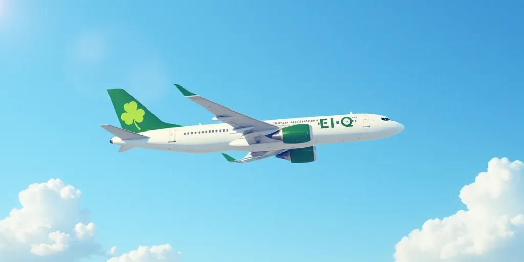 a large passenger jet flying through a blue sky with clouds in the background and a clover on the ta