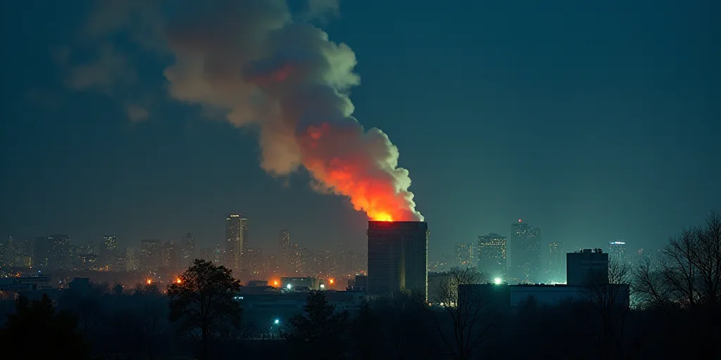 a large plume of smoke billows from a factory building in a city at night time with a city in the ba