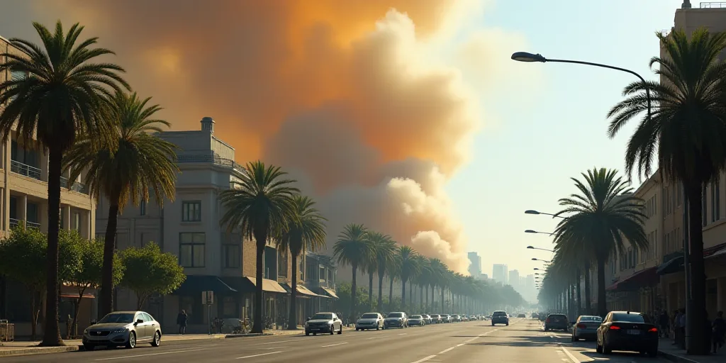a large plume of smoke is billowing out of a building in a city street with palm trees and a few car