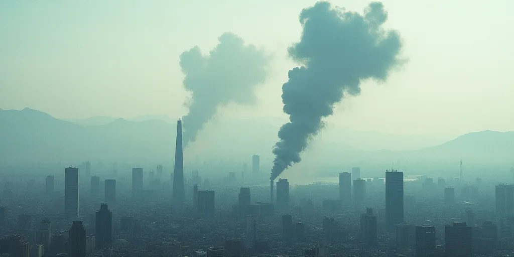 a large plume of smoke is seen from a high rise building in a city with mountains in the background,