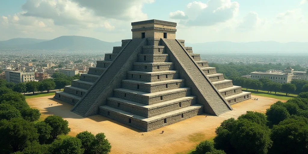 a large pyramid with many steps in the middle of it and a city in the background with trees and buil
