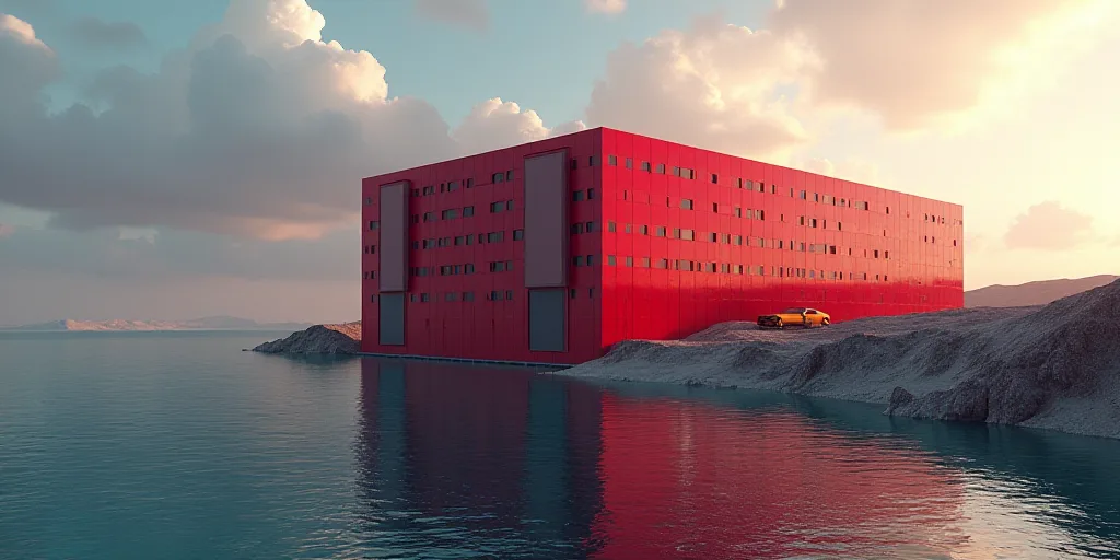 a large red building with a lot of windows on top of it near a body of water and a body of water, Ca