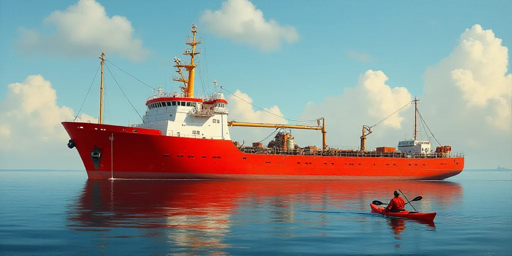 a large red ship in the water with a man in a kayak in front of it and a smaller boat in the water,