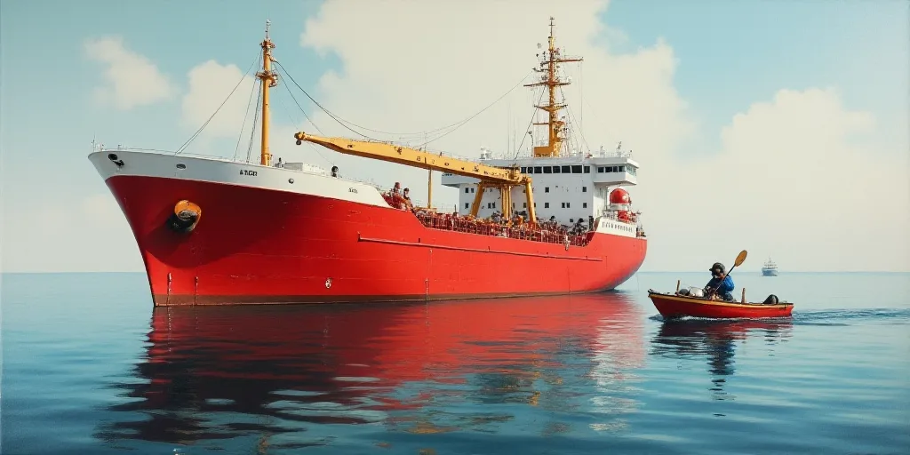 a large red ship in the water with a man in a kayak in front of it and a smaller boat in the water,