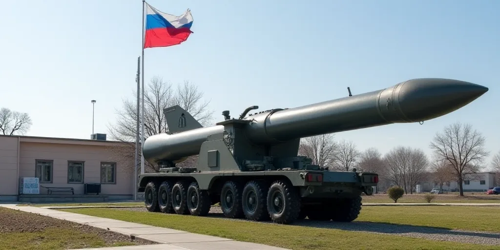 a large rocket is on display in front of a flag and a building with a flag on it and a flag on the s
