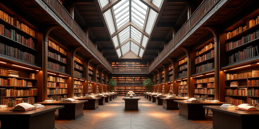 a large room filled with lots of books and a ceiling of lights above it is a library filled with boo
