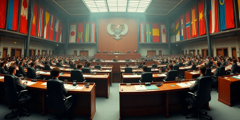 a large room filled with lots of people sitting at desks in front of flags and banners on the wall,