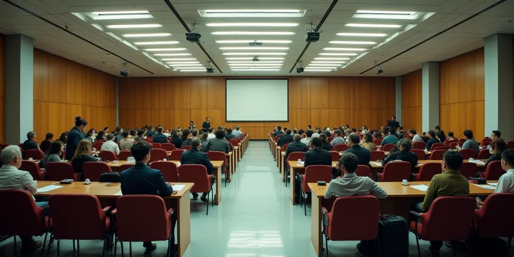 a large room filled with lots of chairs and desks with people sitting at them and standing around th