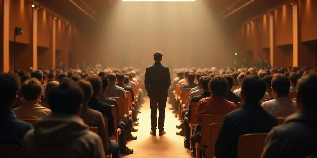 a large room filled with people sitting in chairs and a speaker standing at the front of the room wi