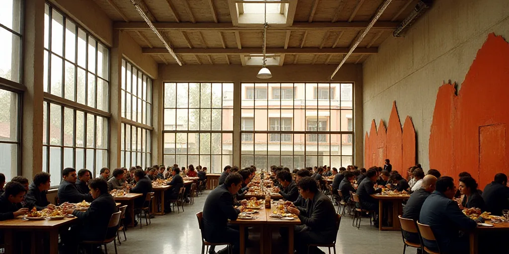 a large room filled with people sitting at tables and eating food in front of large windows with lar