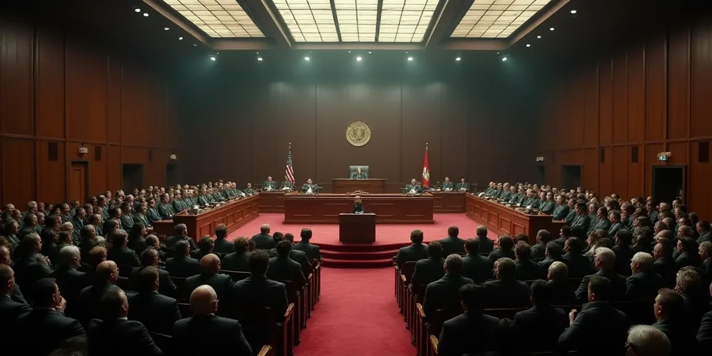 a large room filled with people and a judge in the middle of the room with a podium in the middle, E