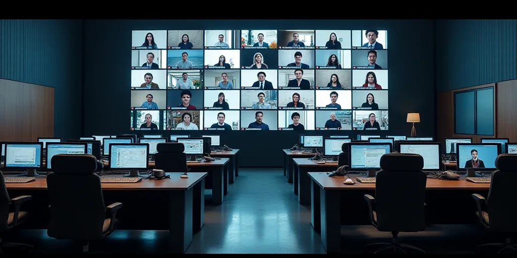a large room with a lot of desks and a big screen on the wall above it that shows a lot of people, C