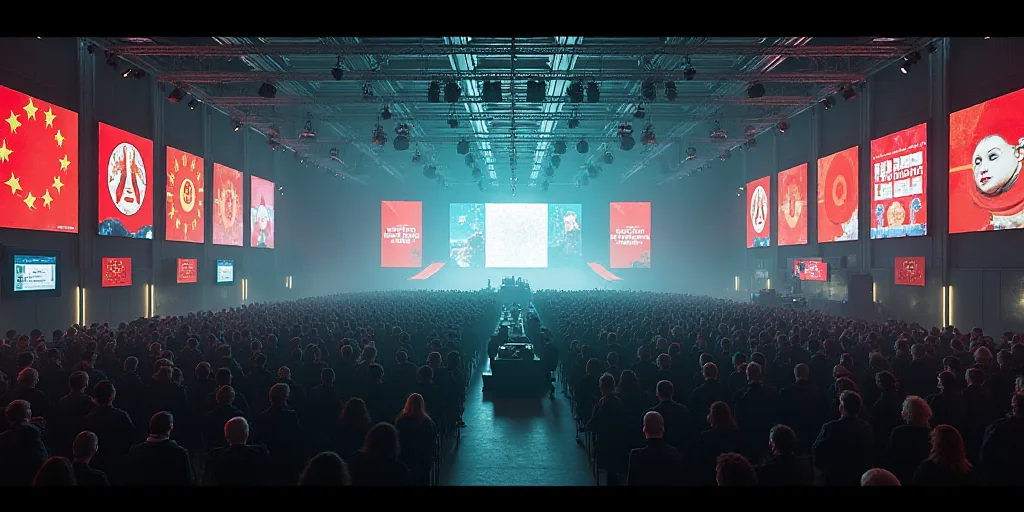 a large room with a lot of monitors and flags on the walls and a lot of people on the floor, David D