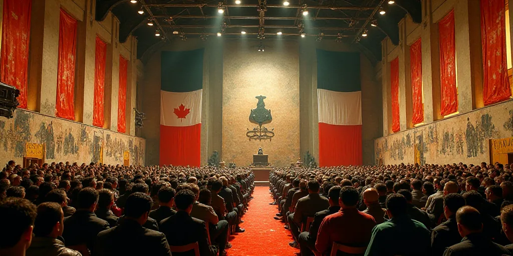 a large room with a lot of people in it and a flag on the wall behind it and a lot of banners on the