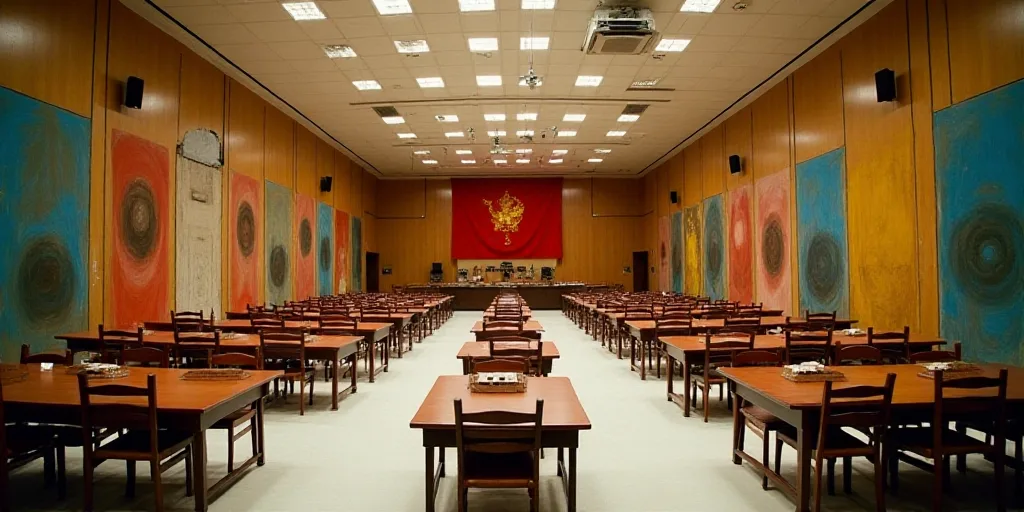 a large room with a lot of tables and chairs in it and a flag on the wall above it, David Alfaro Siq