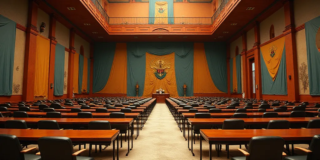 a large room with a lot of tables and chairs in it and a flag on the wall above it, David Alfaro Siq