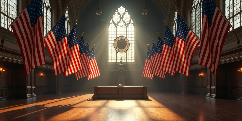 a large room with american flags hanging from the ceiling and a clock on the wall in the center of t