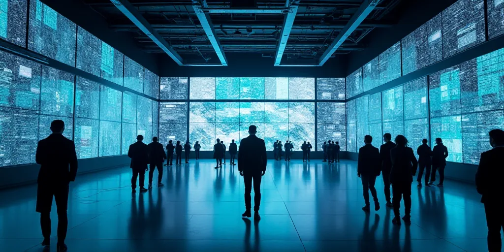 a large room with many monitors and people walking around it and a man standing in the middle of the