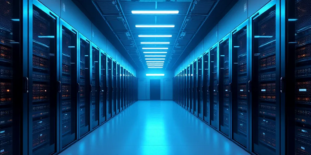 a large room with many rows of servers in it and a blue light shining on the ceiling above the room,