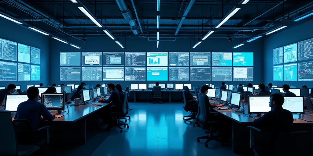 a large room with multiple monitors and tables in it's center area, with people working at tables, E