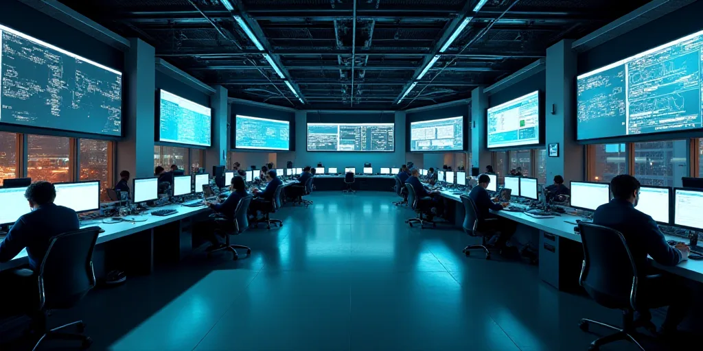 a large room with multiple monitors and tables in it's center area, with people working at tables, E