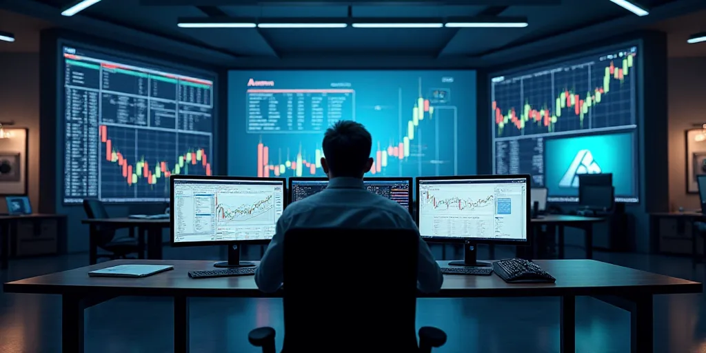 a large room with multiple monitors and a man sitting at a desk in front of a large screen with a st