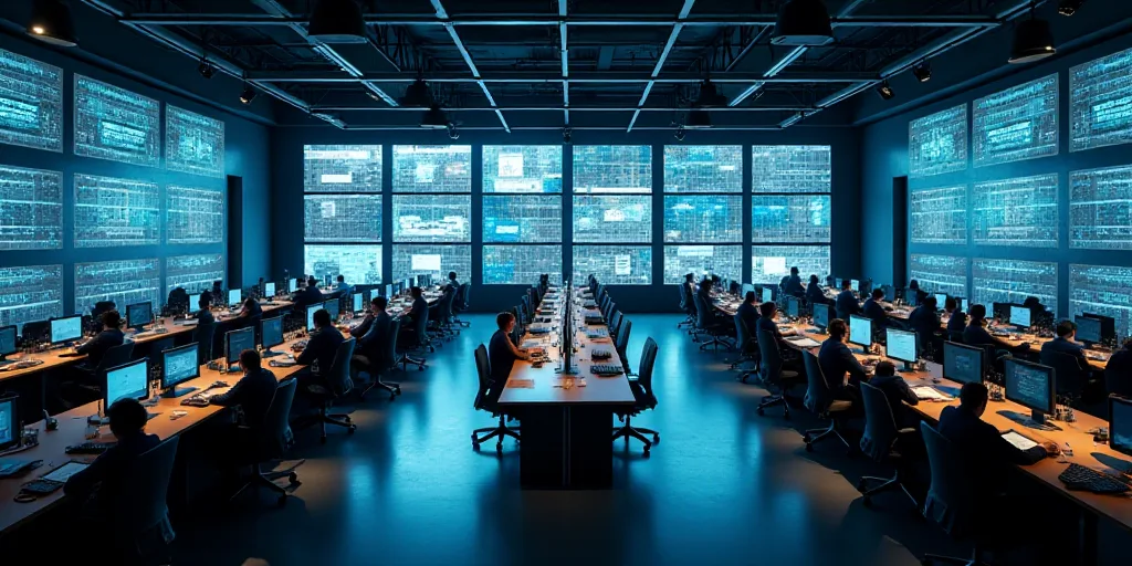 a large room with multiple monitors and tables in it's center area, with people working at tables, E
