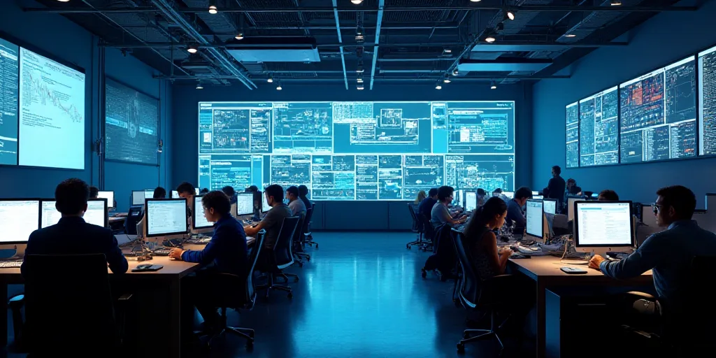a large room with multiple monitors and tables in it's center area, with people working at tables, E