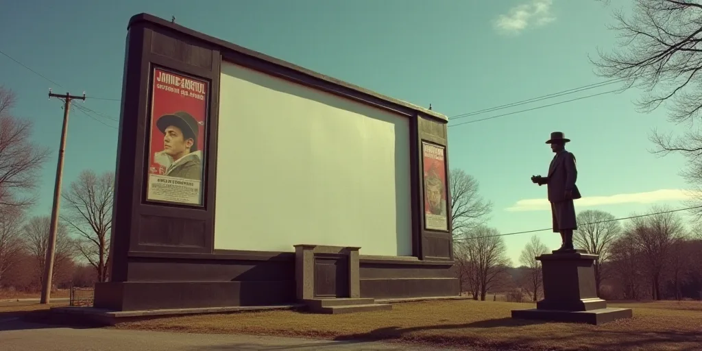 a large screen with a movie poster on it's side and a statue of a man in a hat, Everett Warner, awar