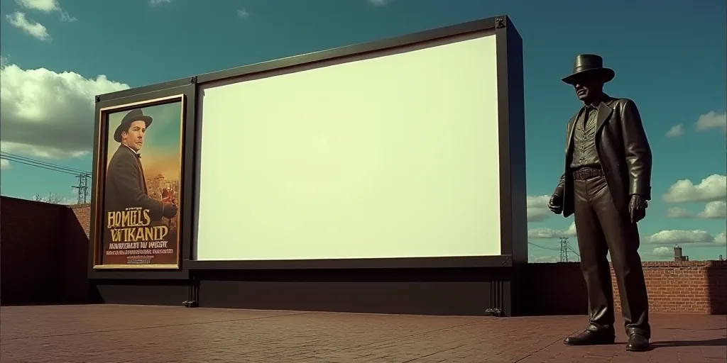 a large screen with a movie poster on it's side and a statue of a man in a hat, Everett Warner, awar