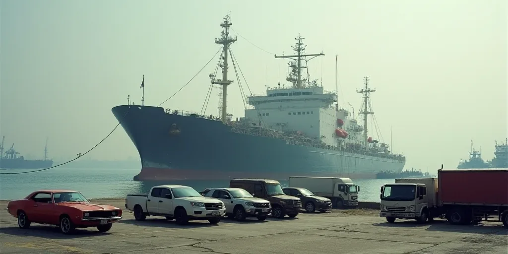a large ship docked in a large port with a lot of cars parked in front of it and a lot of trucks par