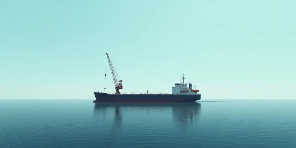 a large ship in the middle of the ocean with a crane on top of it's structure in the middle of the w