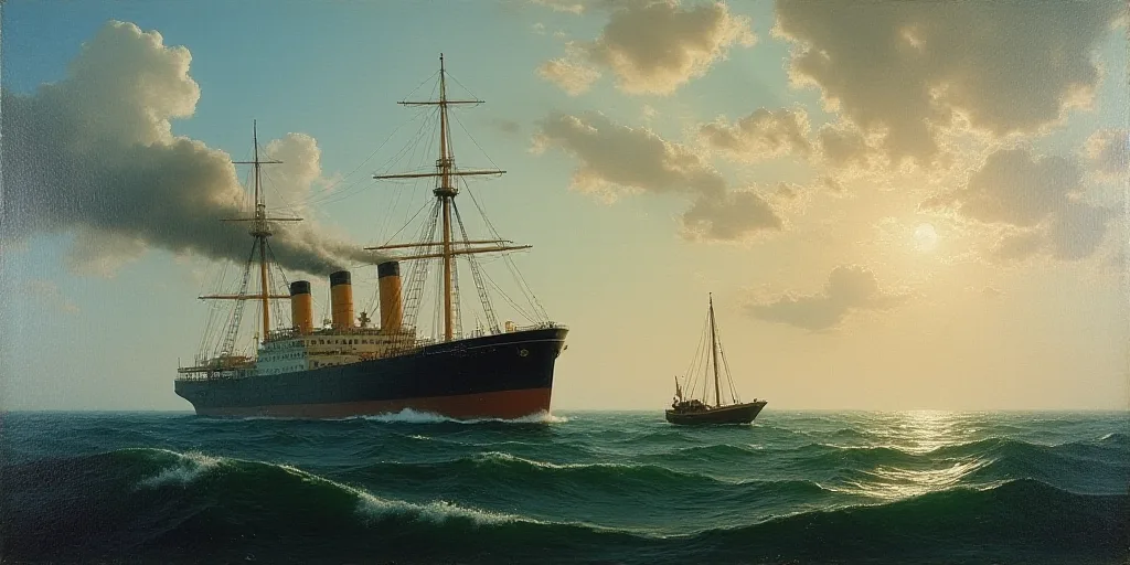 a large ship in the middle of the ocean with smoke coming out of it's side and a smaller boat in the