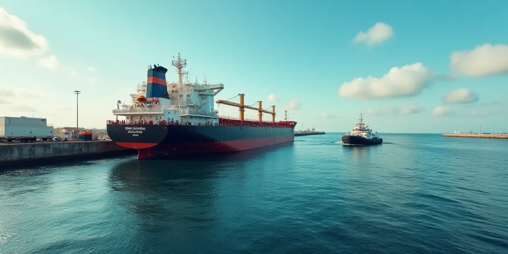 a large ship is docked at a pier in the water with a tug boat nearby in the distance and a barge in
