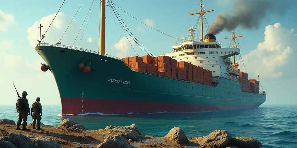 a large ship with a lot of luggage on it's deck and some soldiers standing near it and a lot of boxe