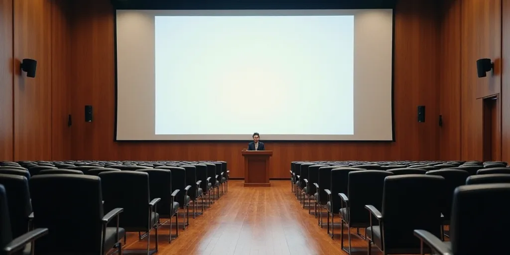 a large sign is on the wall of a conference room with chairs and a podium in front of it, Ceferí Ol