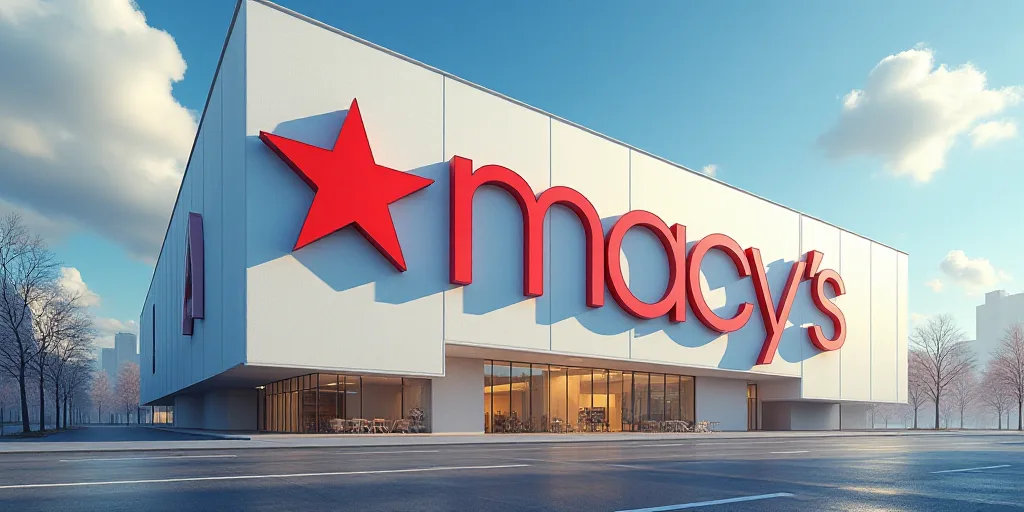 a large sign that says macy's and a building in the background with a sky background and a few build