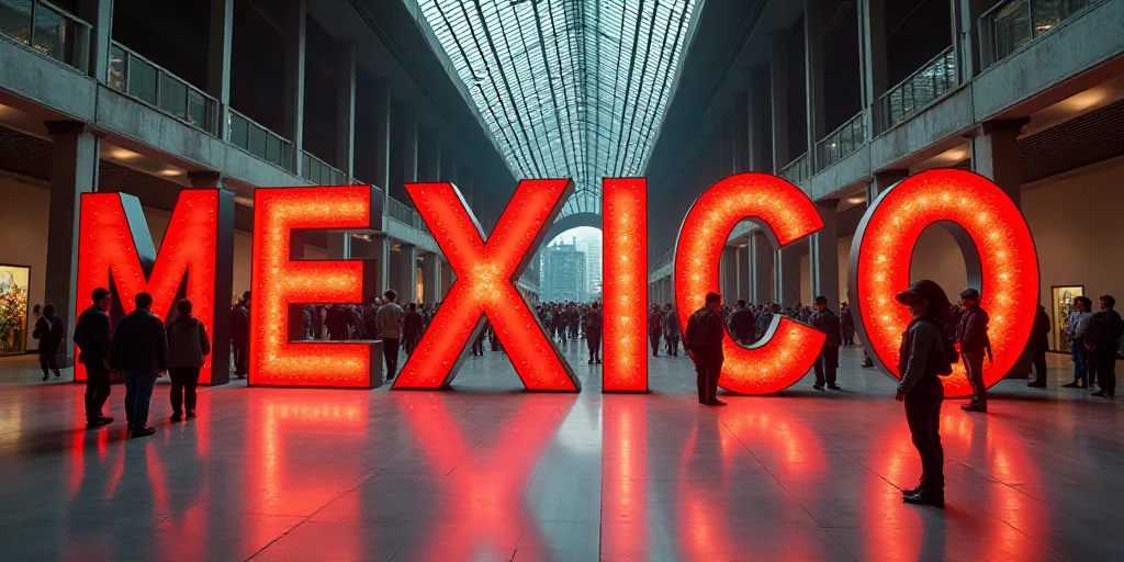 a large sign that says mexico inside of a building with people standing around it and a large sign t