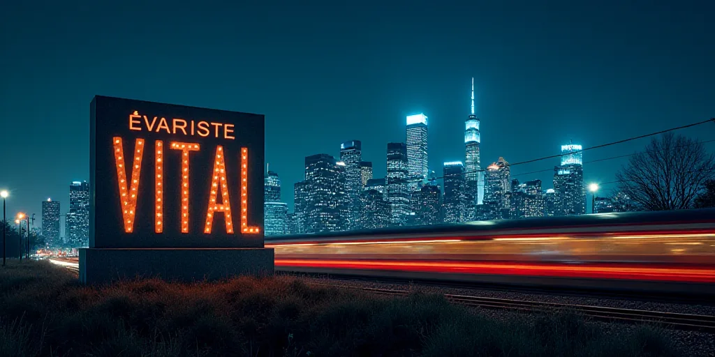 a large sign with stars on it in front of a city skyline at night with a train passing by, Évariste