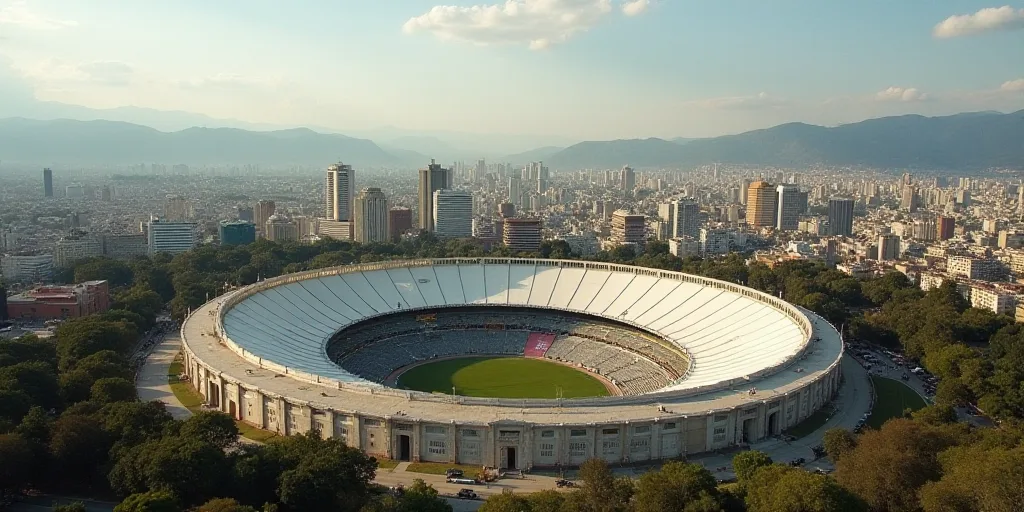 a large stadium with a lot of buildings in the background and a city in the foreground with mountain