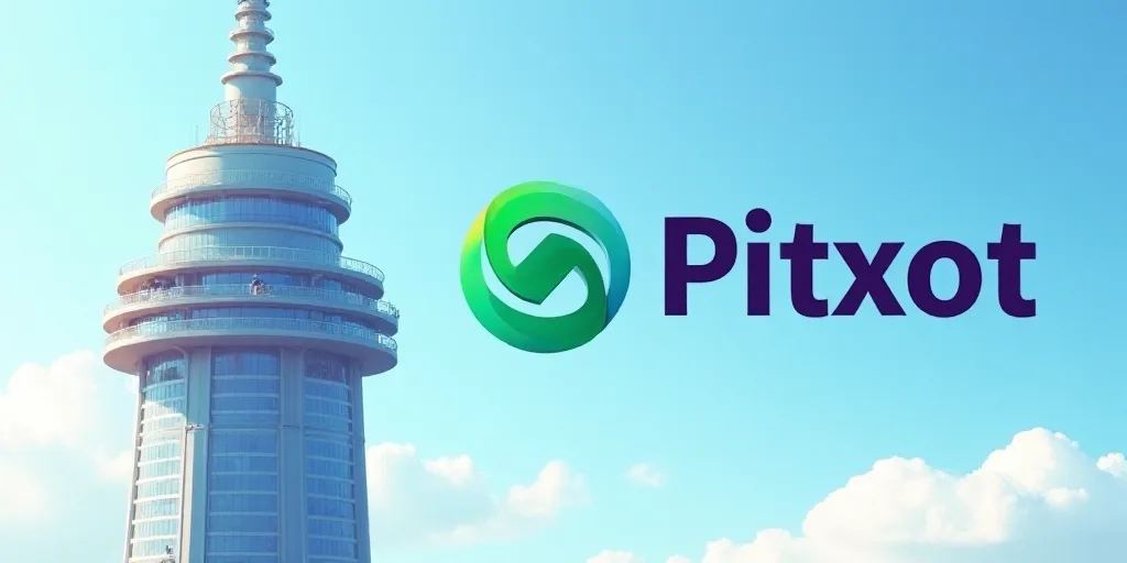 a large tower with a green and blue logo on it and a blue and white background with a green and purp