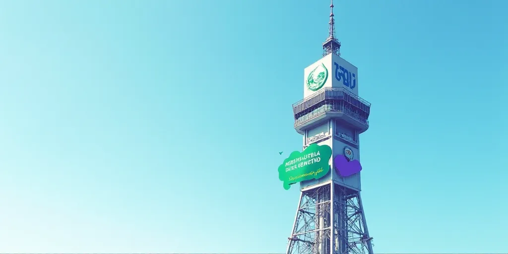 a large tower with a green and blue logo on it and a blue and white background with a green and purp