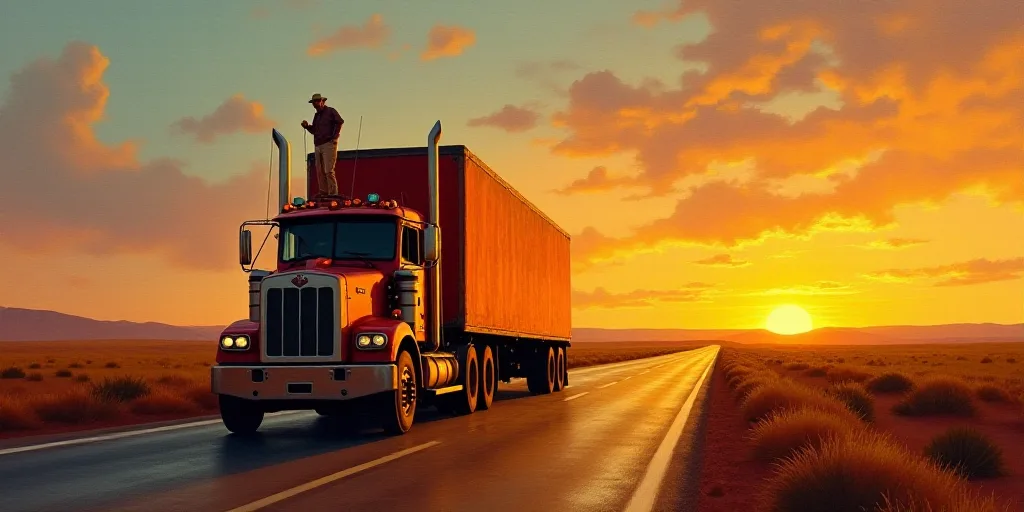 a large truck driving down a road next to a sunset with a couple of people standing on top of it, Al