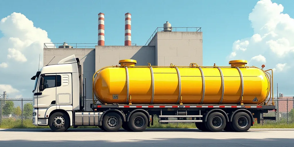 a large truck is parked in front of a factory with large yellow tanks on the side of it and a fence