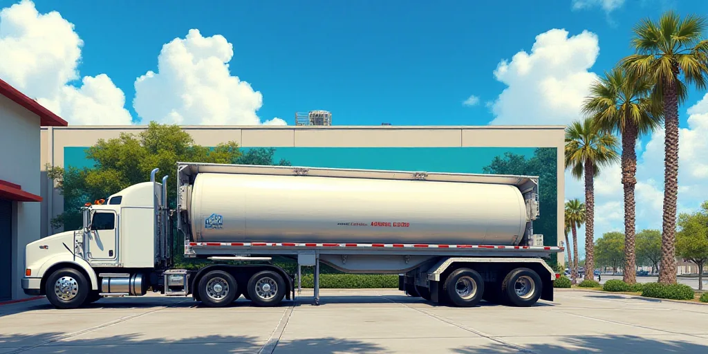 a large truck parked in front of a building with palm trees in the background and a blue sky with cl